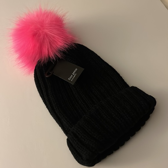Black with neon pink puff ball beanie